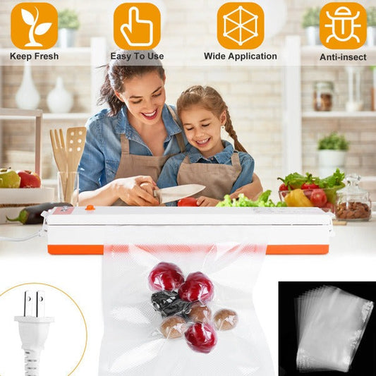 Mini handheld vacuum sealer device sealing clear storage bags for nuts fruit vegetables and long term pantry food preservation