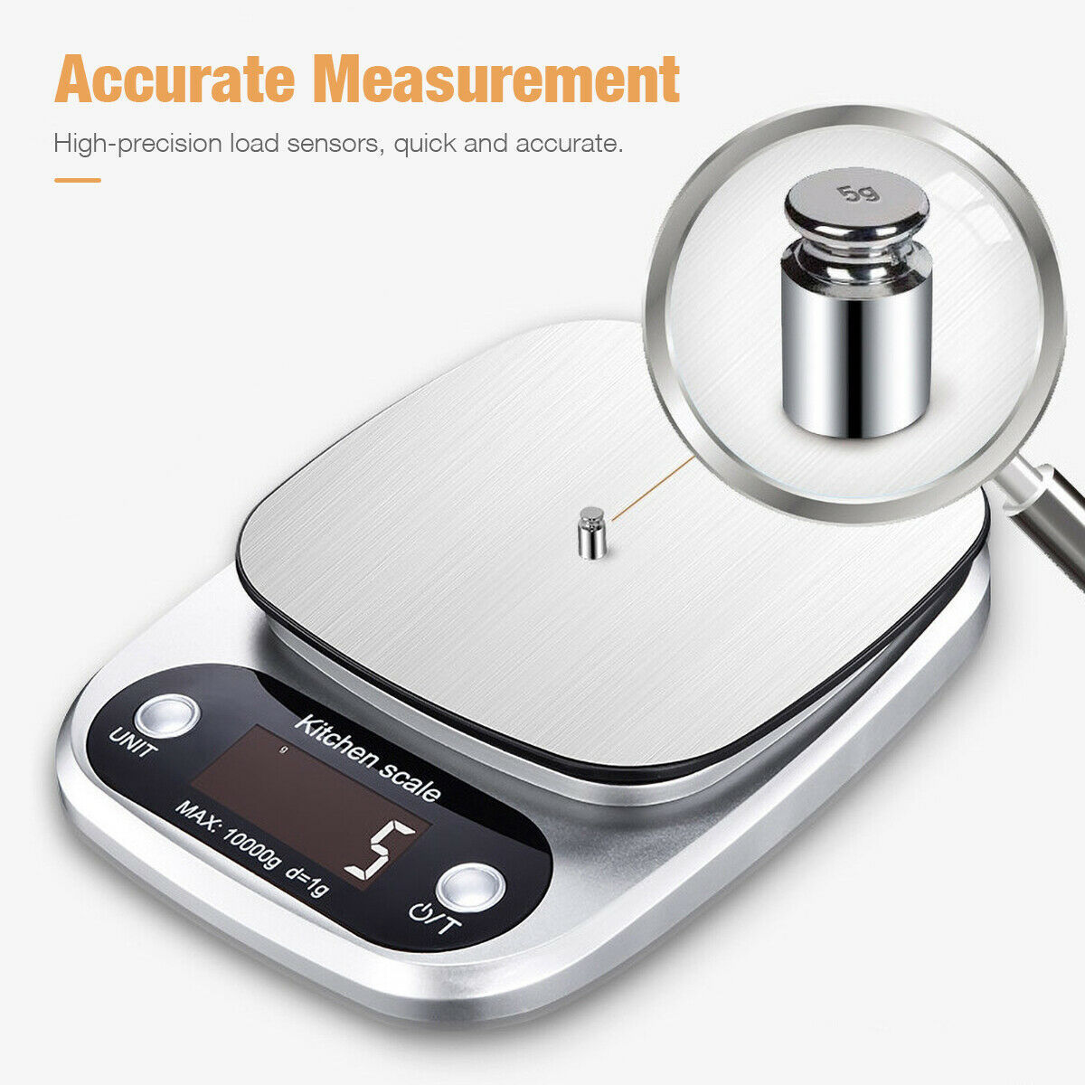 Precision food scale with LCD display showing weight measurement