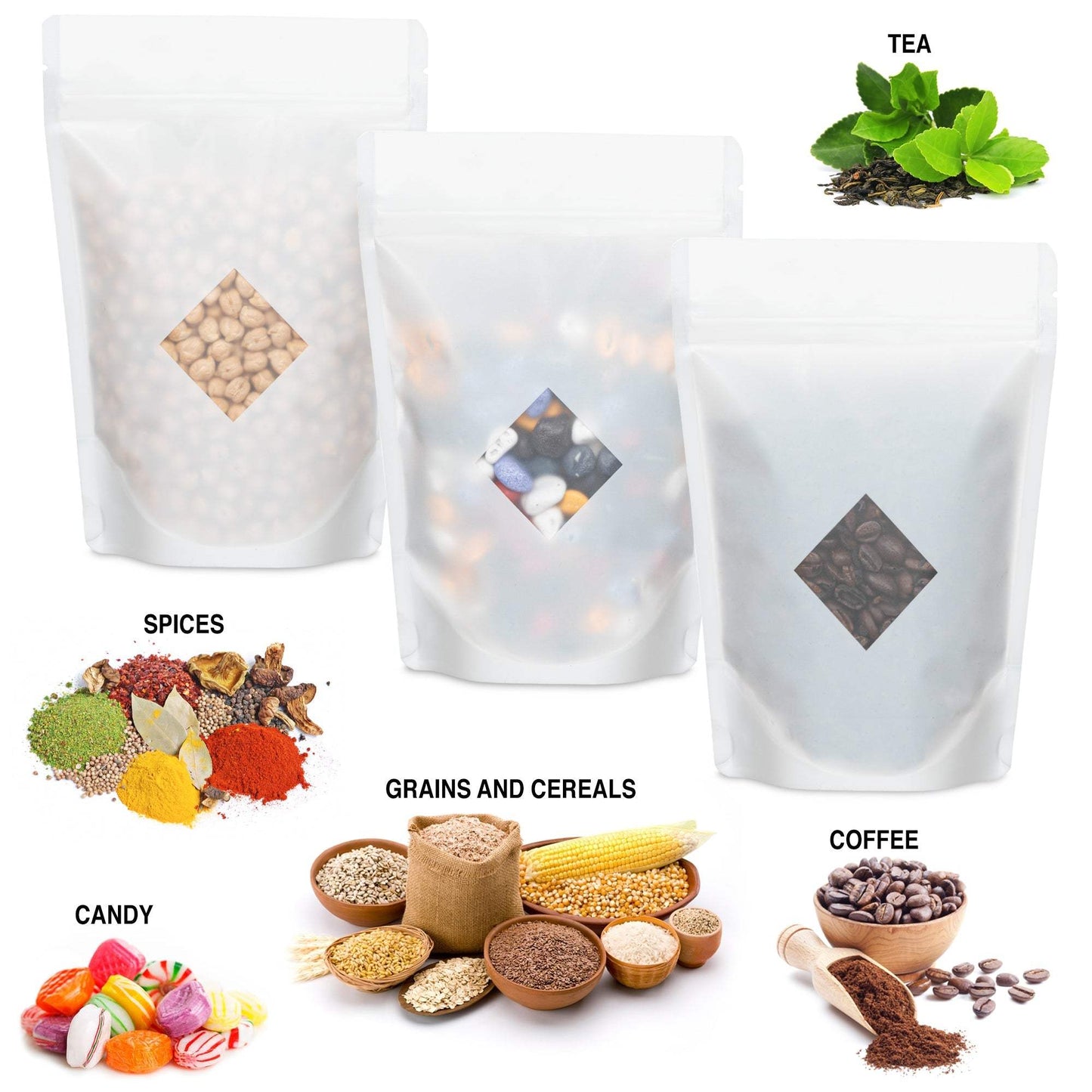 Resealable Mylar Packaging Bags for Spices, Cereals, Tea, Candy