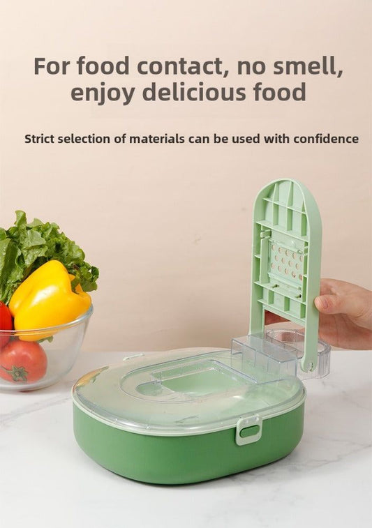 Compact vegetable cutter and grater tool for meal prep and food storage