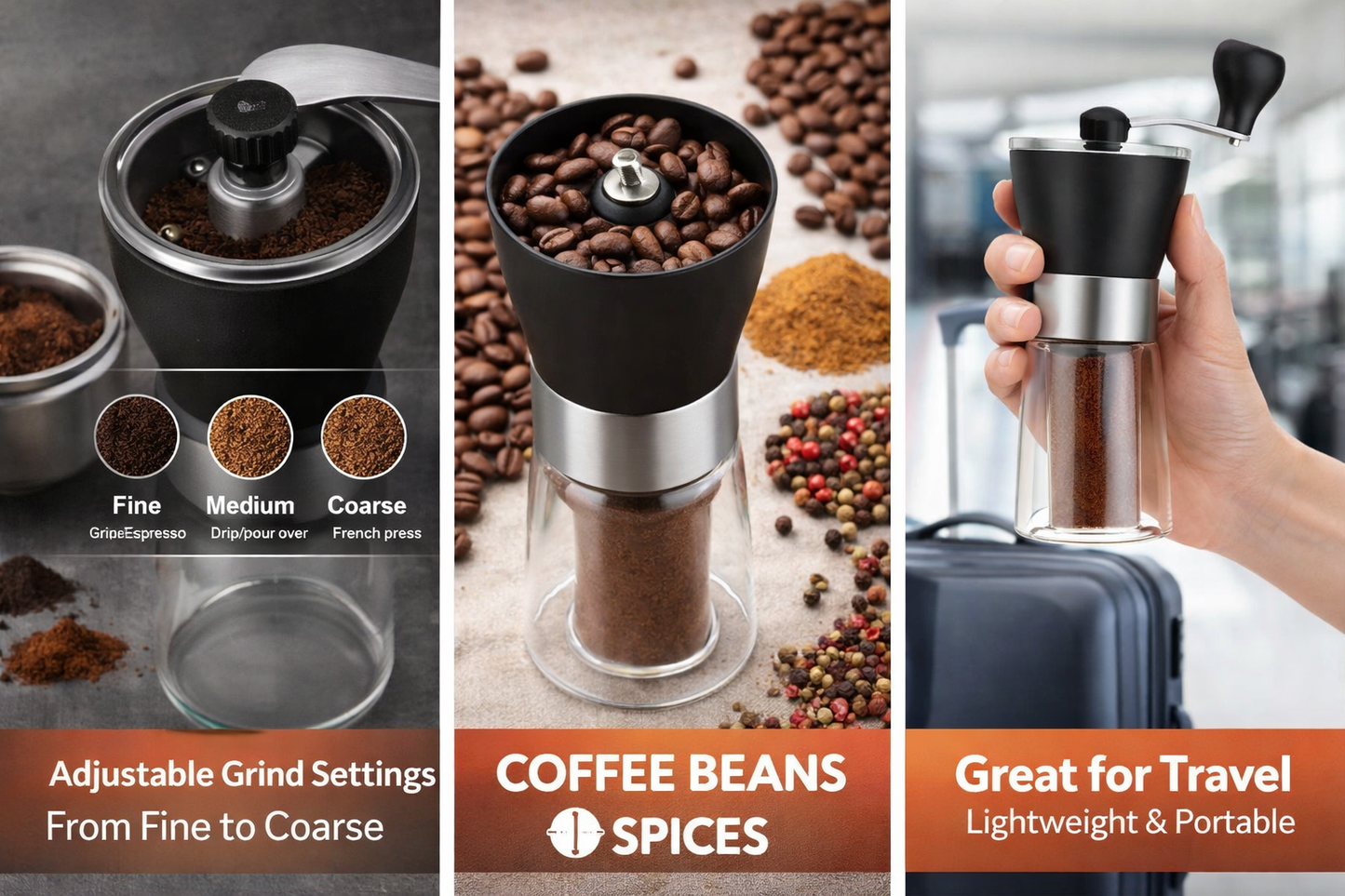 Manual Coffee Grinder with Glass Jar – Adjustable Hand Crank Burr Grinder for Fresh Coffee Beans & Spices