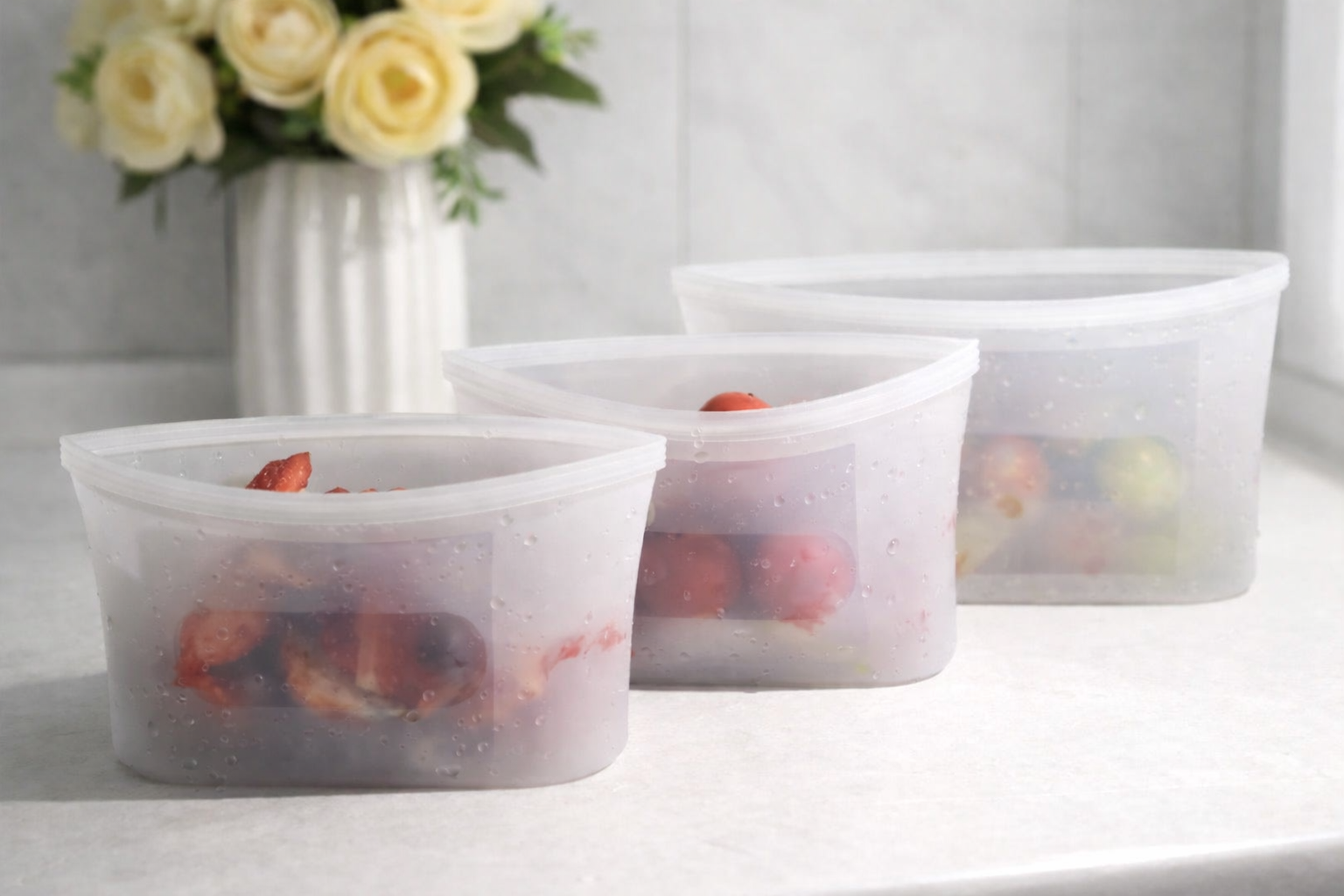 Reusable blue silicone food storage bags for fruits and meal prep on wooden kitchen countertop