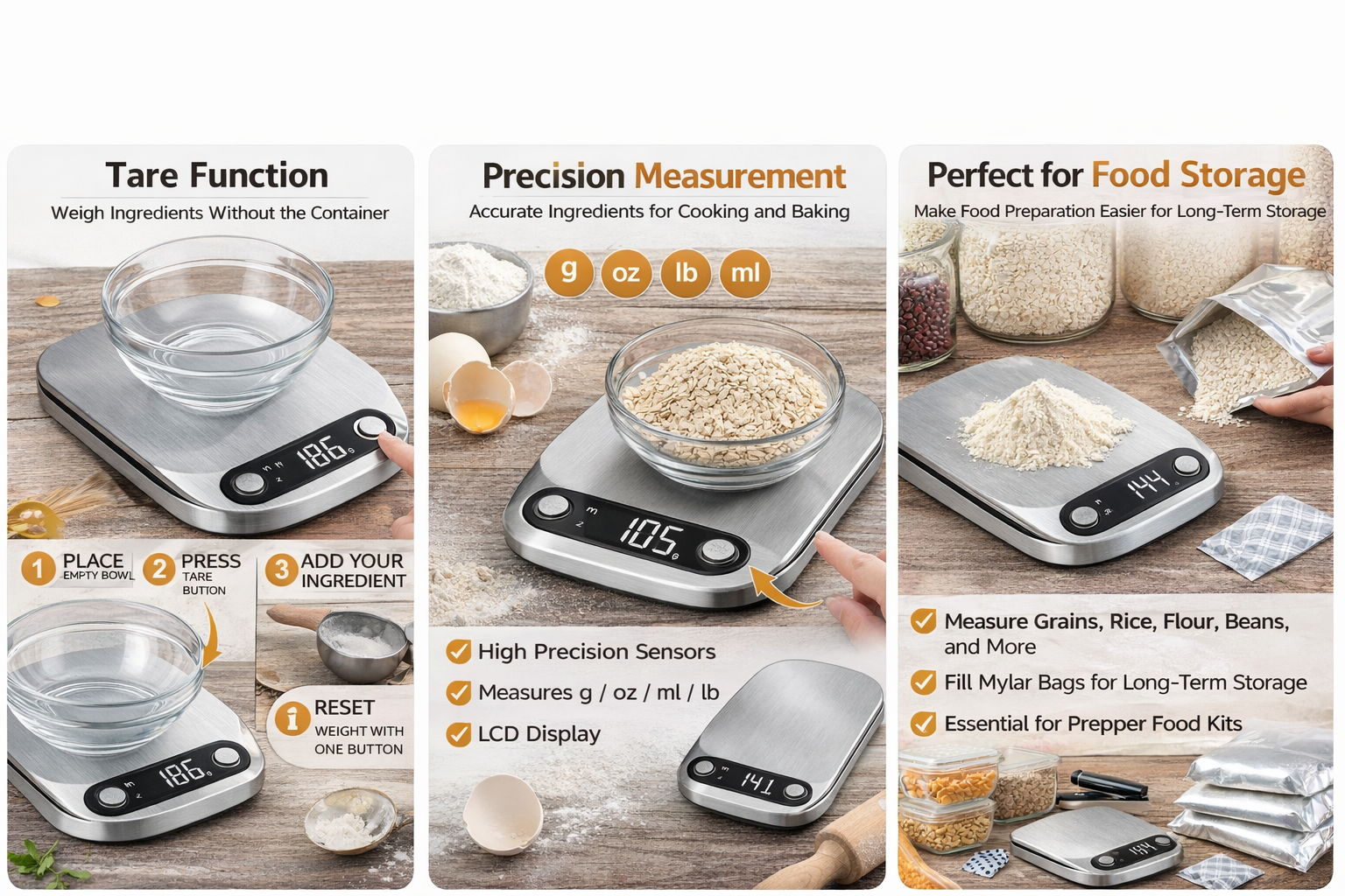 Digital stainless steel kitchen scale demonstrating tare function with bowl, precision measurement of oats in grams on LCD display, and weighing flour and grains for baking, meal prep, and Mylar bag long-term food storage preparation.