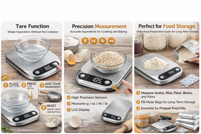 Digital stainless steel kitchen scale demonstrating tare function with bowl, precision measurement of oats in grams on LCD display, and weighing flour and grains for baking, meal prep, and Mylar bag long-term food storage preparation.