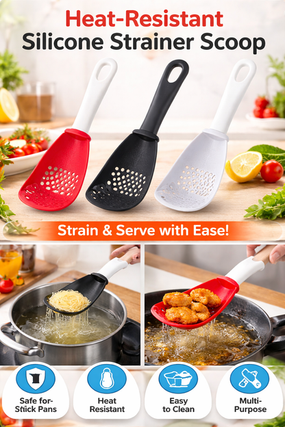 Heat-Resistant Silicone Strainer Scoop – Non-Stick Slotted Spoon for Frying, Draining & Cooking