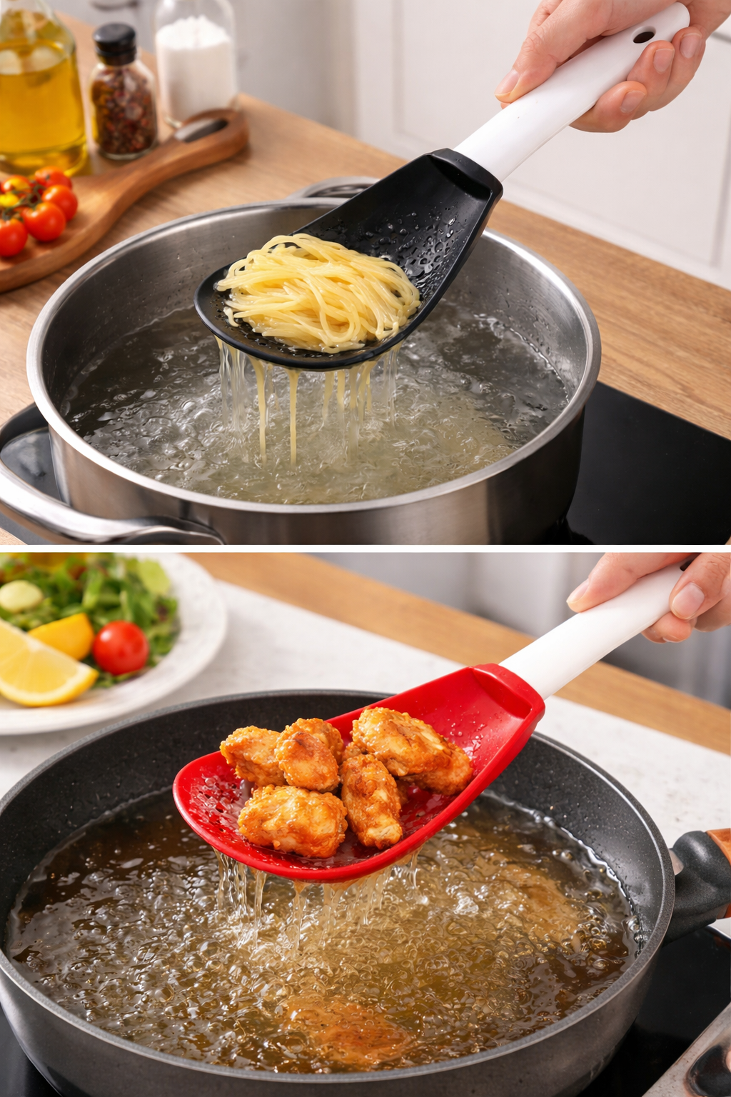 Heat-Resistant Silicone Strainer Scoop – Non-Stick Slotted Spoon for Frying, Draining & Cooking