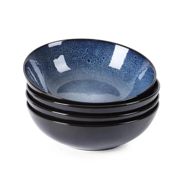 30oz Kiln-Glazed Stoneware Bowl – Unique Peacock Blue Ceramic Serving Dish (Set of 4)