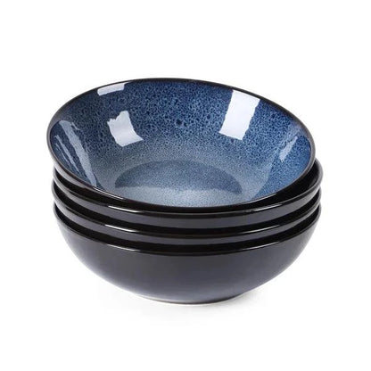 30oz Kiln-Glazed Stoneware Bowl – Unique Peacock Blue Ceramic Serving Dish (Set of 4)